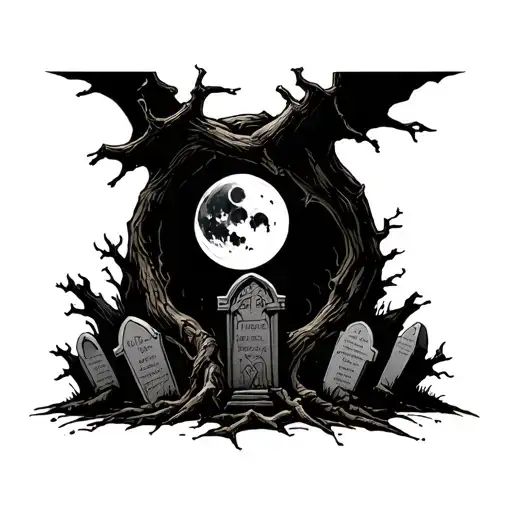 solid black moon, grave stones, dead tree, grim reaper tattoo design idea