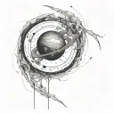 planet imploding while black hole devours orbiting debris tattoo design idea