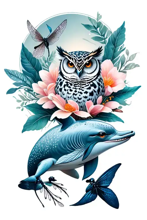 dolphin, owl, snow leopard, dragonfly, tattoo design idea