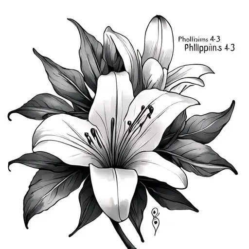 christian verse Philippians 4:13 witha lily on a thigh tattoo design idea