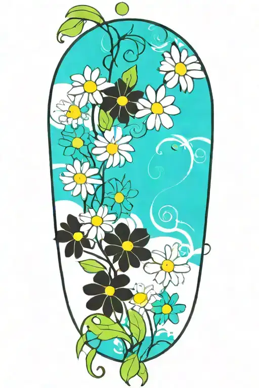 a single Long narrow vine with green leaves and 5 daisy flowers tattoo design idea