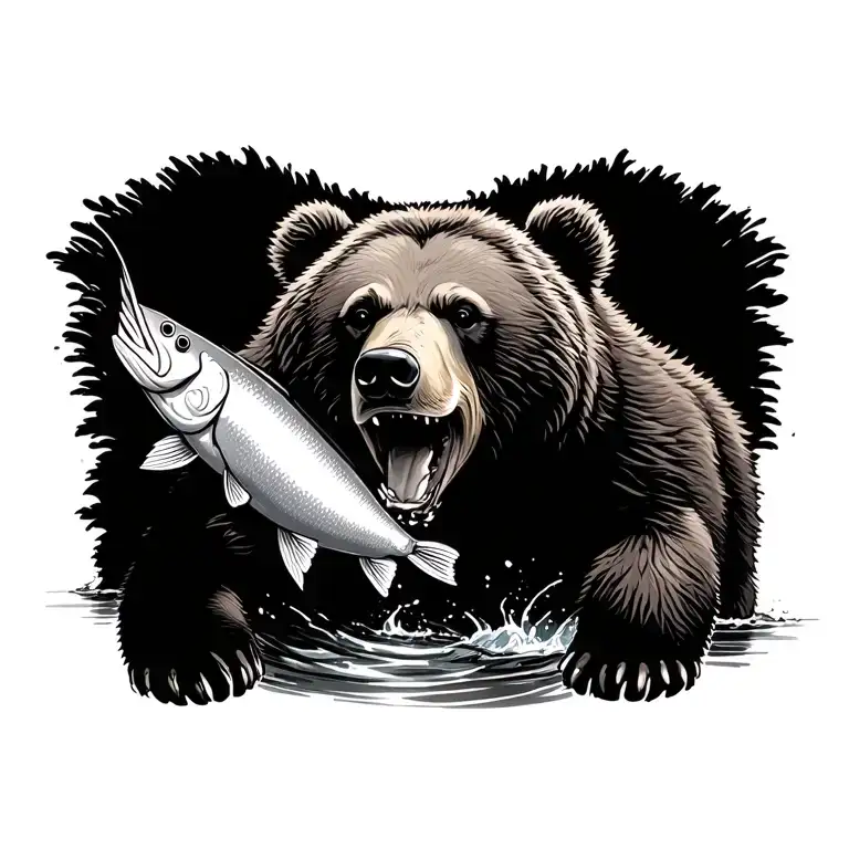 It said take me as I come over and under and through the bear with the bear playfully eating the fish in a stream  tattoo design idea