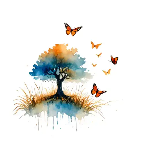 rothem tree with desert reeds around it and orange monarch butterflies flying around tattoo design idea