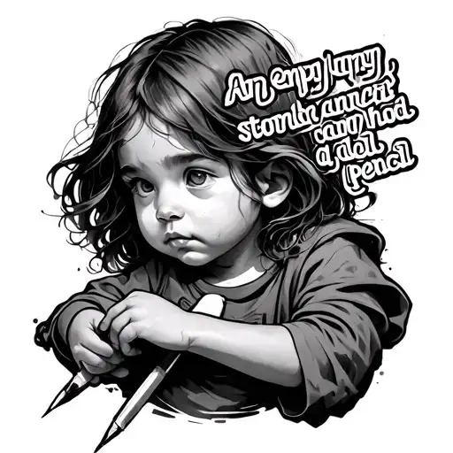 New age, cyber sigilism child like has the quote "an empty stomach cannot hold a pencil" radical tattoo design idea