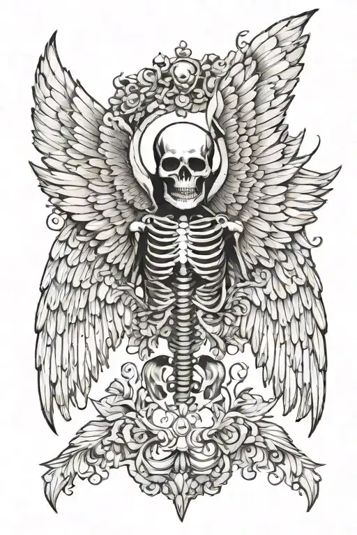  pair of black and white skeleton wings spread wide tattoo design idea