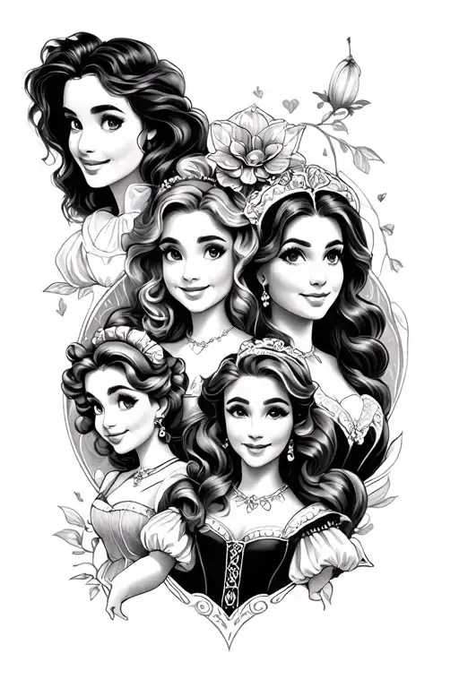 black&white tattoo with characters out of "Alice in wonderland", "Aladdin", "Cinderella", "The wizard of oz", "snowwhite tattoo design idea