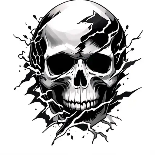 Black and white skull with black and white lightning running through the skull on an arm tattoo design idea