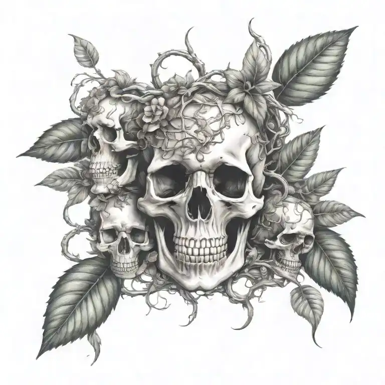 Poisonous plants intertwined with vines and skulls in a rainforest setting tattoo design idea