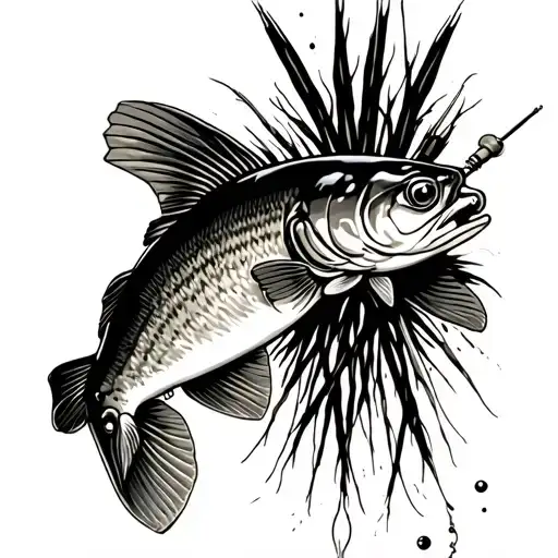 fishing scene with pike attack lure reeds  tattoo design idea
