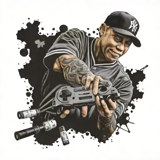 A realistic portrait of Mariano Rivera, the legendary baseball pitcher, holding a tattoo gun surrounded by game controllers and dice tattoo design idea