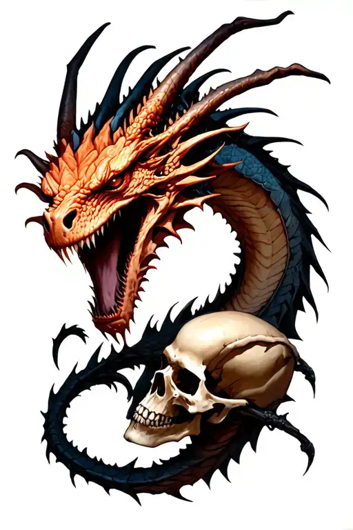 undead dragon and skulls representing dark periods medieval tattoo design idea
