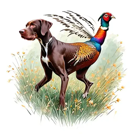 A German shorthaired pointer chasing a pheasant in a field tattoo design idea