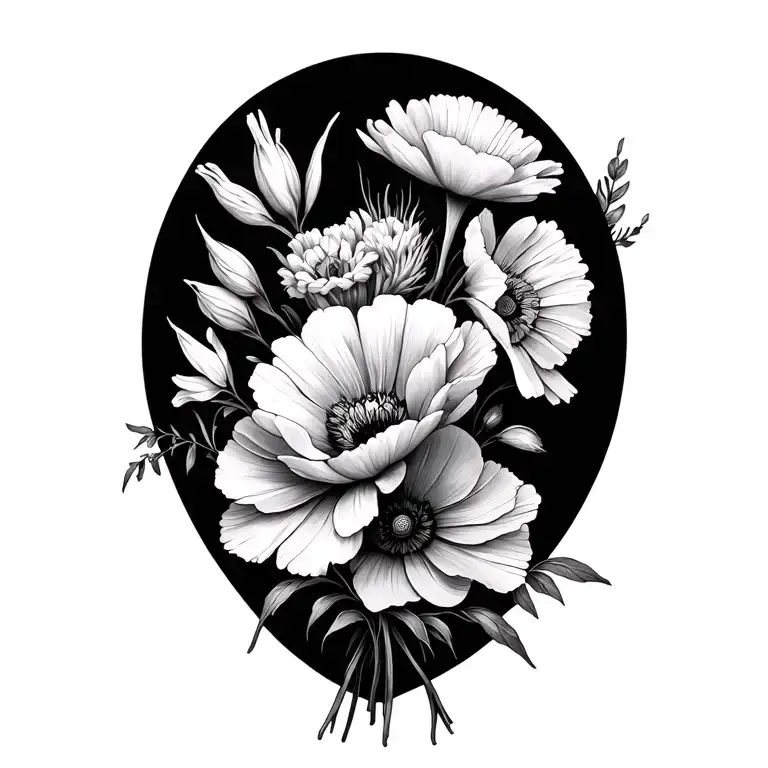 marigold flower, cosmo flower, gladiolus flower and poppy flower bouquet tattoo design idea