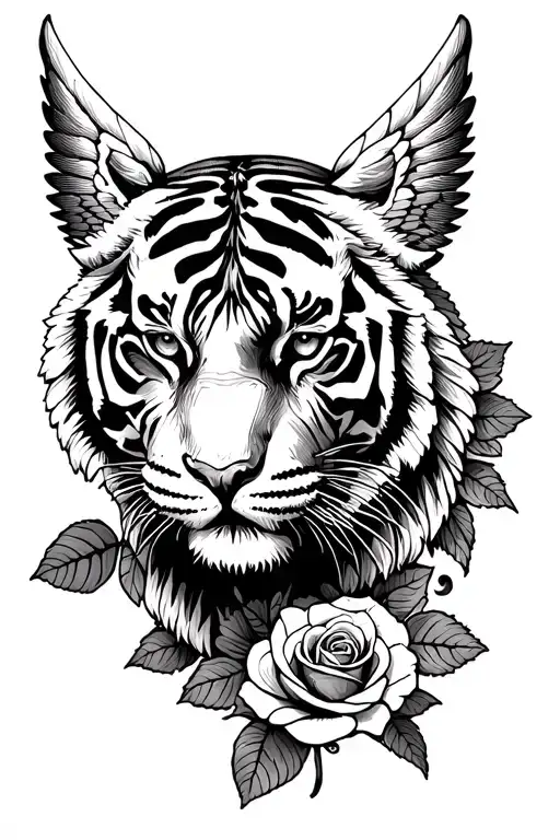 roses, male angel wings, tiger head tattoo design idea