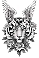 roses, male angel wings, tiger head tattoo design idea