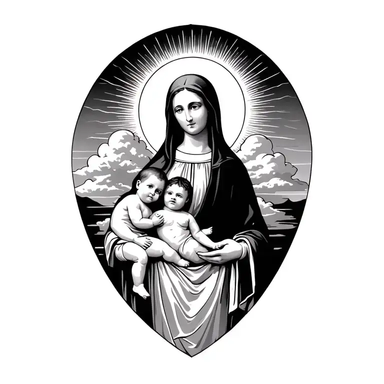 I want a tattoo with Saint Maria holding two baby boys with the sun behind her and sunrise coming through two clouds tattoo design idea
