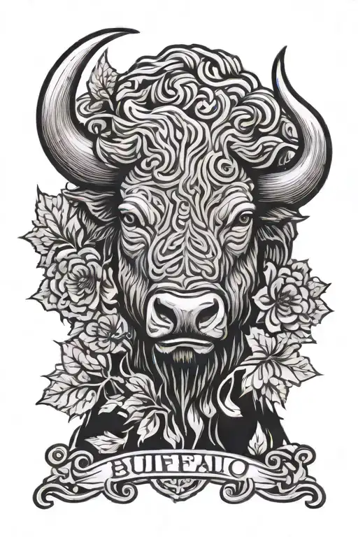 A Buffalo face with the Métis symbol on its forehead with maple trees in the background with the Michif words Kata-washi tattoo design idea