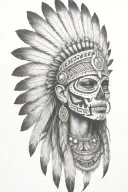 aztec warrior girl, skeletal fierce face, crown skull, geometric patterns feathers, spirituality, afterlife, death tattoo design idea