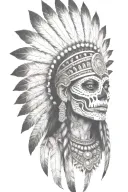 aztec warrior girl, skeletal fierce face, crown skull, geometric patterns feathers, spirituality, afterlife, death tattoo design idea