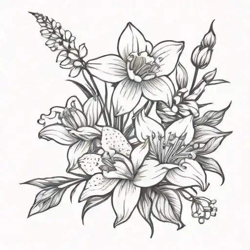 Black outline of Daffodil, Daisy, lily of the valley, water lily, carnation in a Bouquet with bow, only one of each flow tattoo design idea