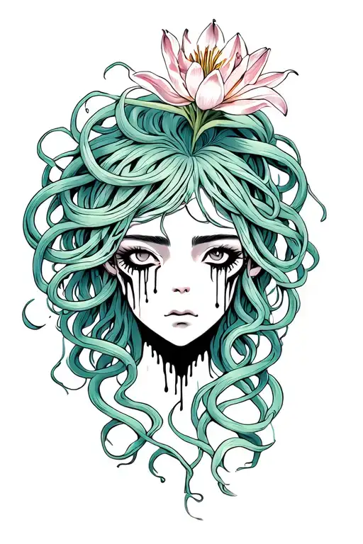 medusa with blank white eyes, eyeliner and mascara dripping from crying. lotus and spider lily intertwined in the hair. tattoo design idea