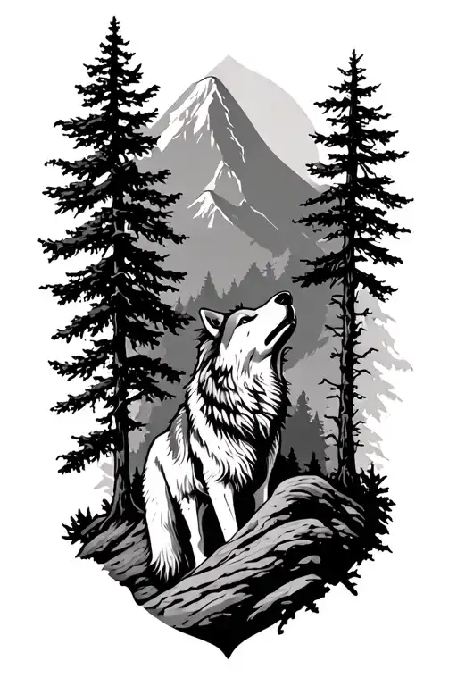 Nature trees mountain and wolf howling tattoo design idea