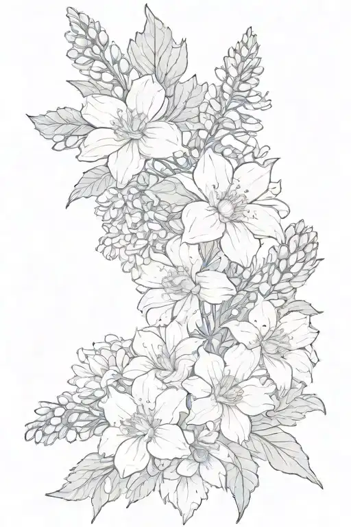 delphinium, chrysanthemum, aster bouquet tattoo design idea