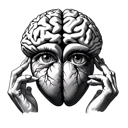 Human brain having hands and opening the human heart eyes, which is standing in front of him  tattoo design idea