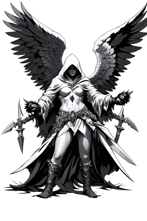 hooded angel of valor with daggers and paws incorporated in their outfit tattoo design idea