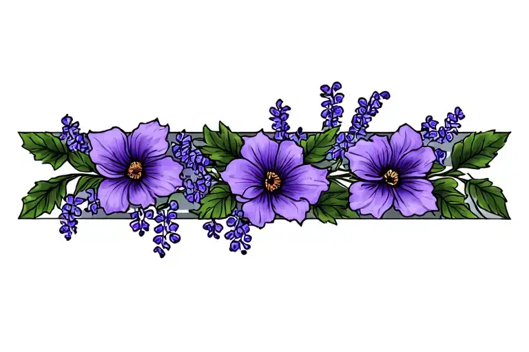 Floral Vertical Armband Tattoo With Wisteria Flowers. Color ONLY the petals, everything else is black. Rectangular tattoo design idea