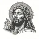 black jesus with dreadlocks wearing a crown of thorns praying hands doves clouds and sunray shining behind jesus head tattoo design idea