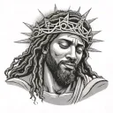 black jesus with dreadlocks wearing a crown of thorns praying hands doves clouds and sunray shining behind jesus head tattoo design idea