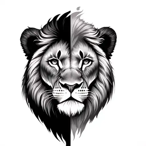 Half Lion Half Lioness face tattoo design idea