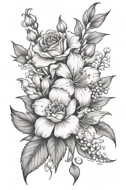  a carnation, a sweet pea, a lily of the valley, a hawthorn, and a larkspur tattoo design idea