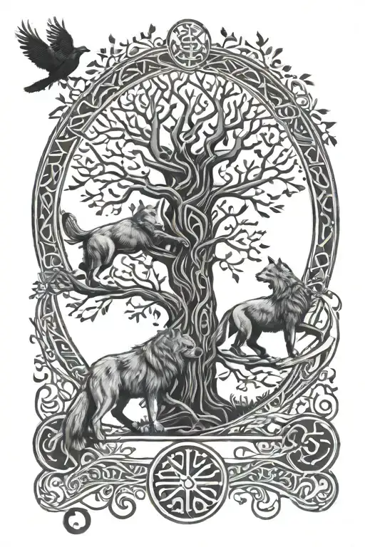 God Thor on the background of the Tree of Life in a runic circle, the Wolf Fenrir stands on the side and two ravens Hugin and Mugin sit on top tattoo design idea