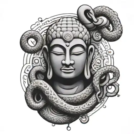 budda with snake and ankh symbol intertwined tattoo design idea