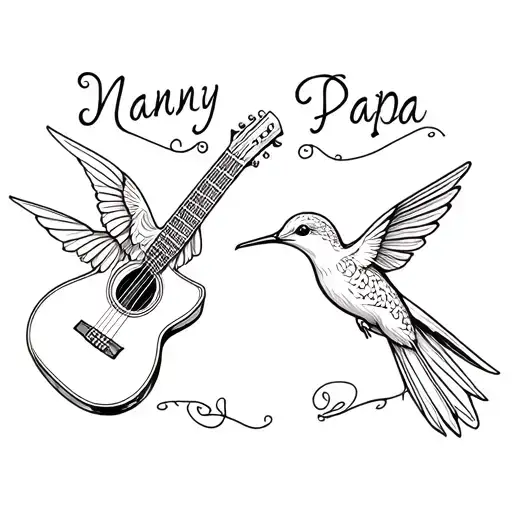 humming bird and acoustic guitar with names nanny and papa tattoo design idea