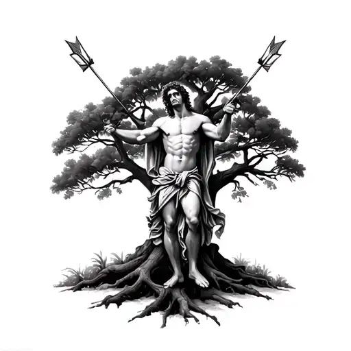 St Sebastian on tree with arrows tattoo design idea