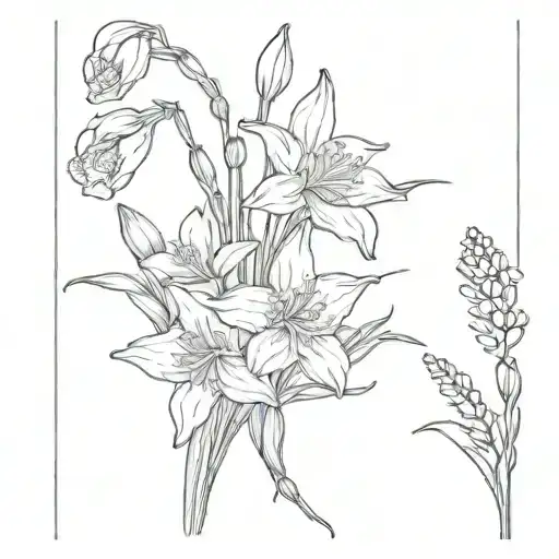 flower bouquet, daffodils, lilac, lillie's, pussy willows and bleeding hearts   tattoo design idea