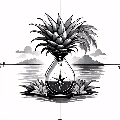 create a ratio with an hour glass and compass that ties into an existing pineapple and sunset design tattoo design idea