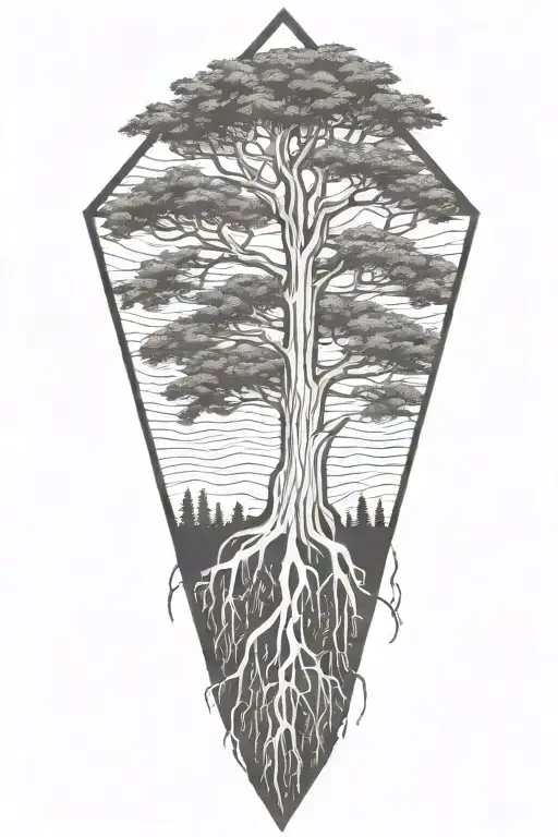 Bald cypress with roots inside diamond shaped line outlining tattoo design idea