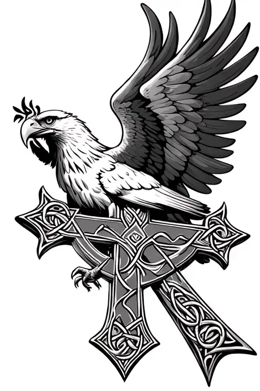eagle behind wings hugging a Celtic cross tattoo design idea