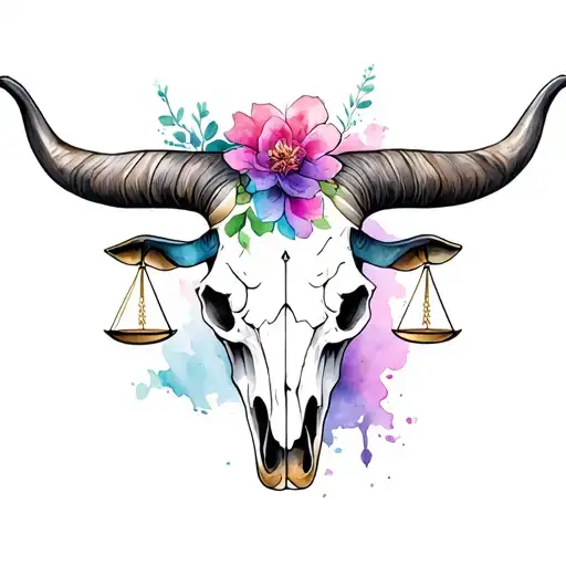 feminine taurus bull skull with Libra scales tattoo design idea