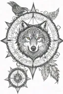 wolf, forest, owl, nautical compass rose intertwined tattoo design idea