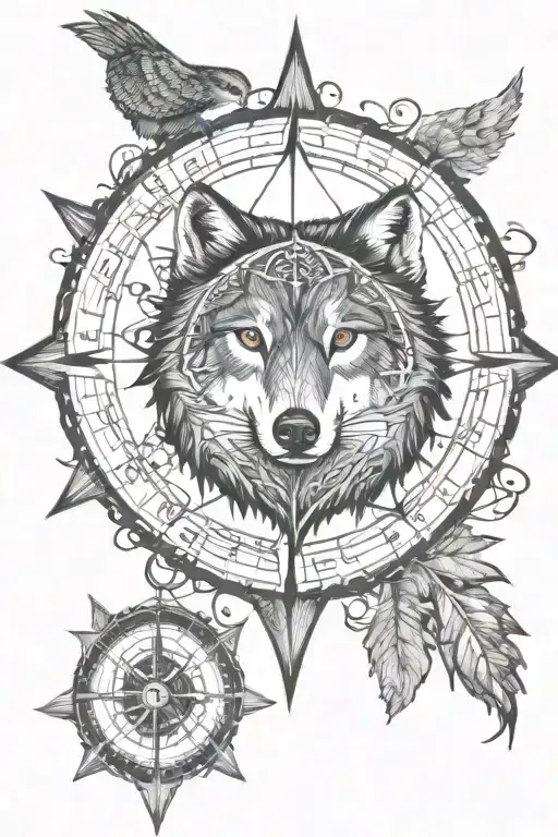 wolf, forest, owl, nautical compass rose intertwined tattoo design idea