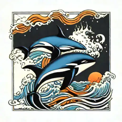 killer whales in waves and colors with cosmic tattoo design idea
