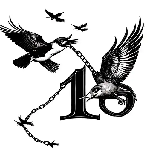 6 flying birds above number 18 and broken chain tattoo design idea