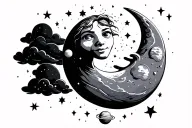 crescent moon with an animated face, stars, clouds, little planets  tattoo design idea