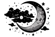 crescent moon with an animated face, stars, clouds, little planets  tattoo design idea