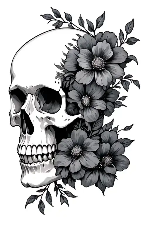 half Skull And Flower bouquet tattoo design idea